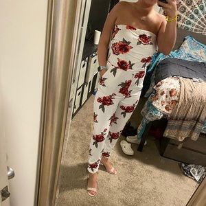 Red Flowered Strapless Jumpsuit